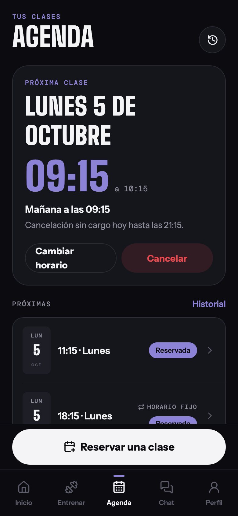 Próxima clase con día y hora