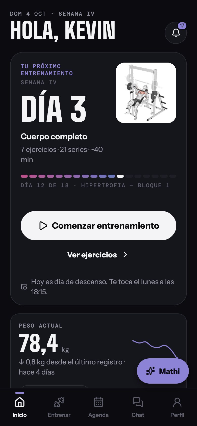 Pantalla de inicio con el entrenamiento del día